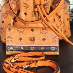 MCM Cognac Monogram Crossbody Bucket Bag w/ Wallet